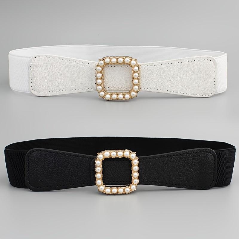Women's Elastic Belt Square Pearls Buckle Waist Slimming Girdle