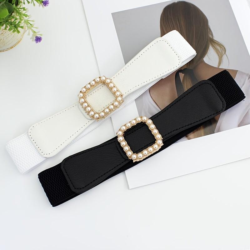 Women's Elastic Belt Square Pearls Buckle Waist Slimming Girdle