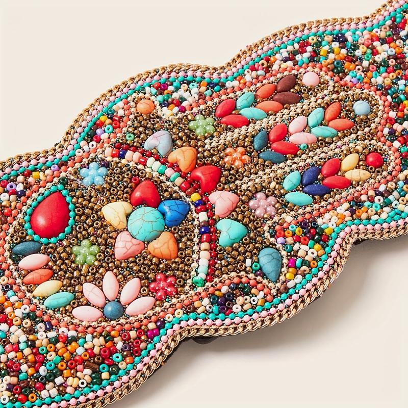 Bohemian Turquoise Beads Wide Belt Palm Pattern Belts Vintage Irregular Edge