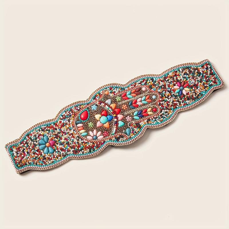 Bohemian Turquoise Beads Wide Belt Palm Pattern Belts Vintage Irregular Edge