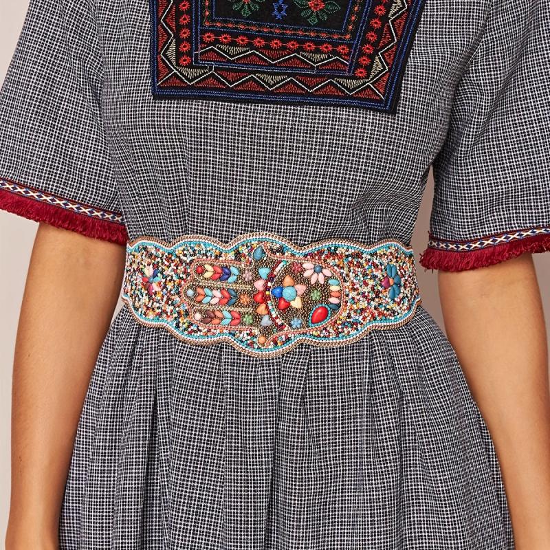 Bohemian Turquoise Beads Wide Belt Palm Pattern Belts Vintage Irregular Edge
