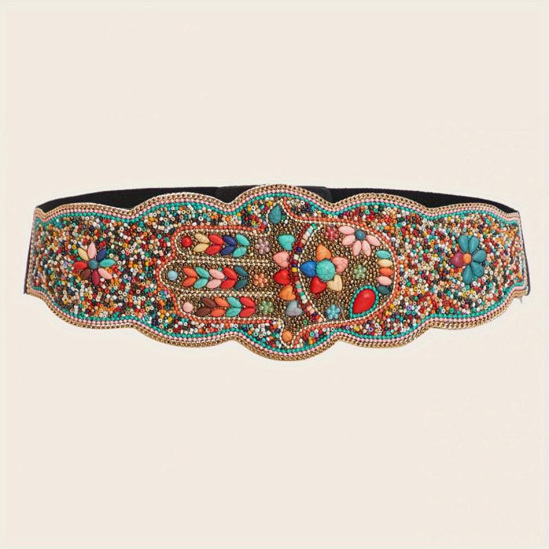 Bohemian Turquoise Beads Wide Belt Palm Pattern Belts Vintage Irregular Edge
