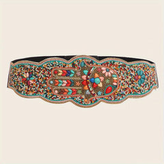 Bohemian Turquoise Beads Wide Belt Palm Pattern Belts Vintage Irregular Edge