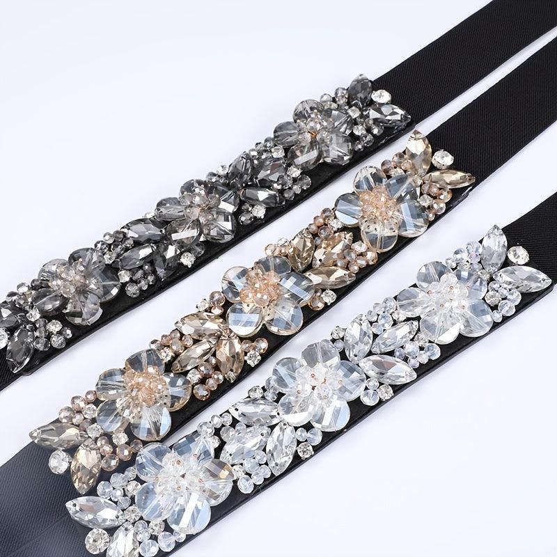 Women's Rhinestone Flower Elastic Belt
