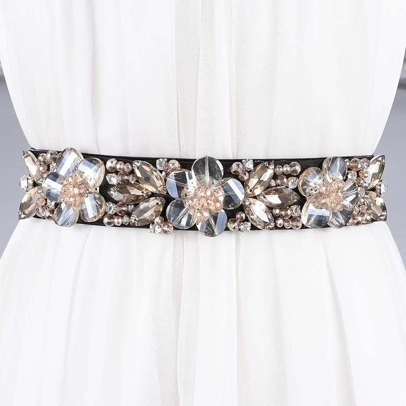 Women's Rhinestone Flower Elastic Belt