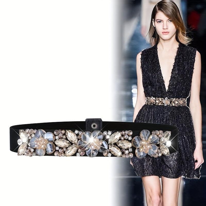 Women's Rhinestone Flower Elastic Belt