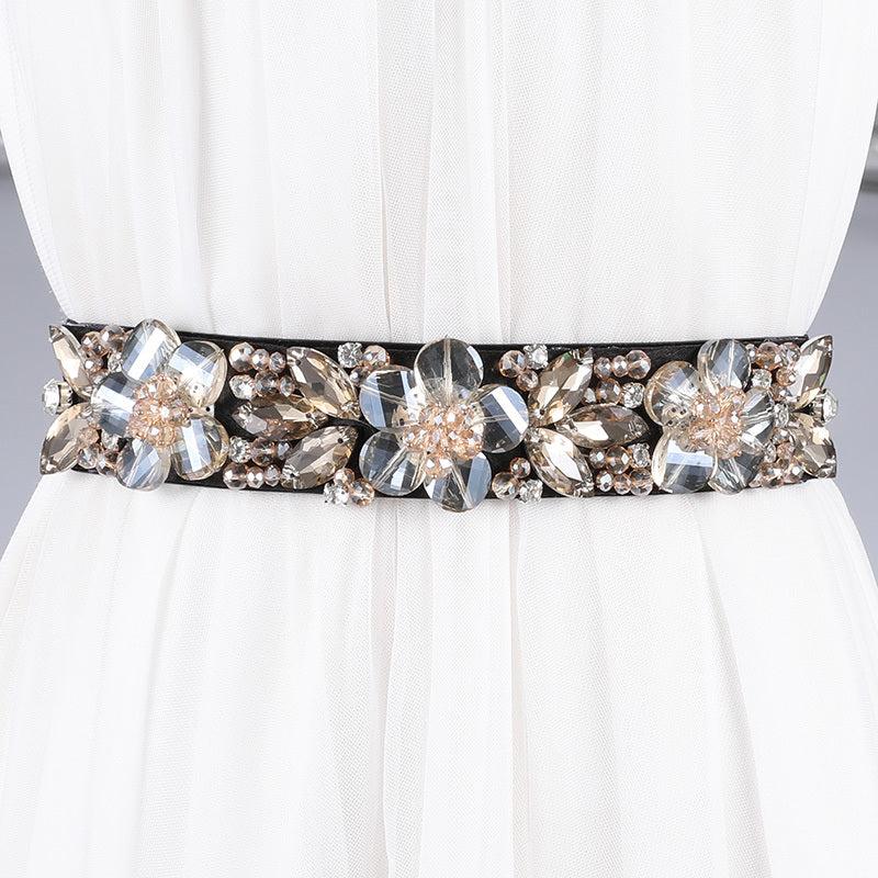 Women's Rhinestone Flower Elastic Belt