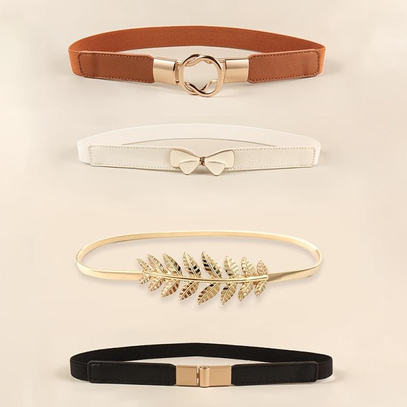 4PCS Brown Leaf and Bow Buckle Belt Set for Women
