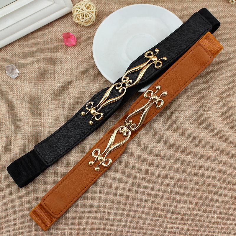 Geometric Flower Buckle Belt Elastic Thin Waistband Vintage Women Coat Belts