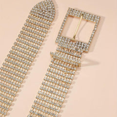 Rhinestone Inlaid Metal Square Buckle Belt Stylish Hollow Out Wide Dress Girdle
