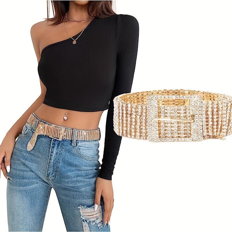 Rhinestone Inlaid Metal Square Buckle Belt Stylish Hollow Out Wide Dress Girdle
