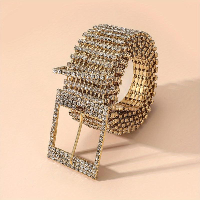 Rhinestone Inlaid Metal Square Buckle Belt Stylish Hollow Out Wide Dress Girdle