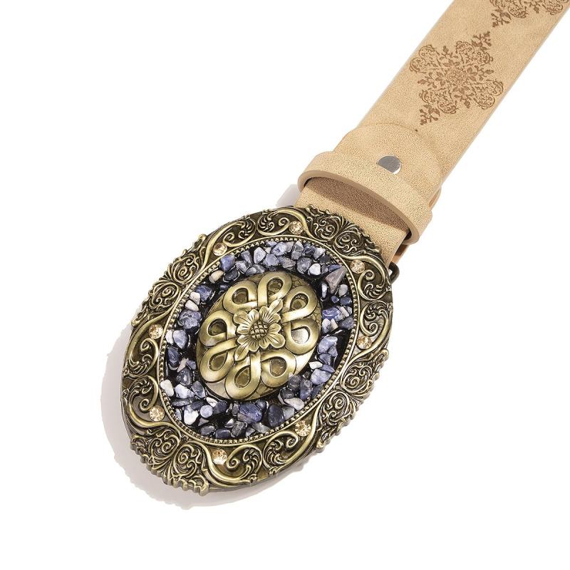 Vintage Turquoise Pattern Round Buckle Embossed Adjustable PU Women's Belt