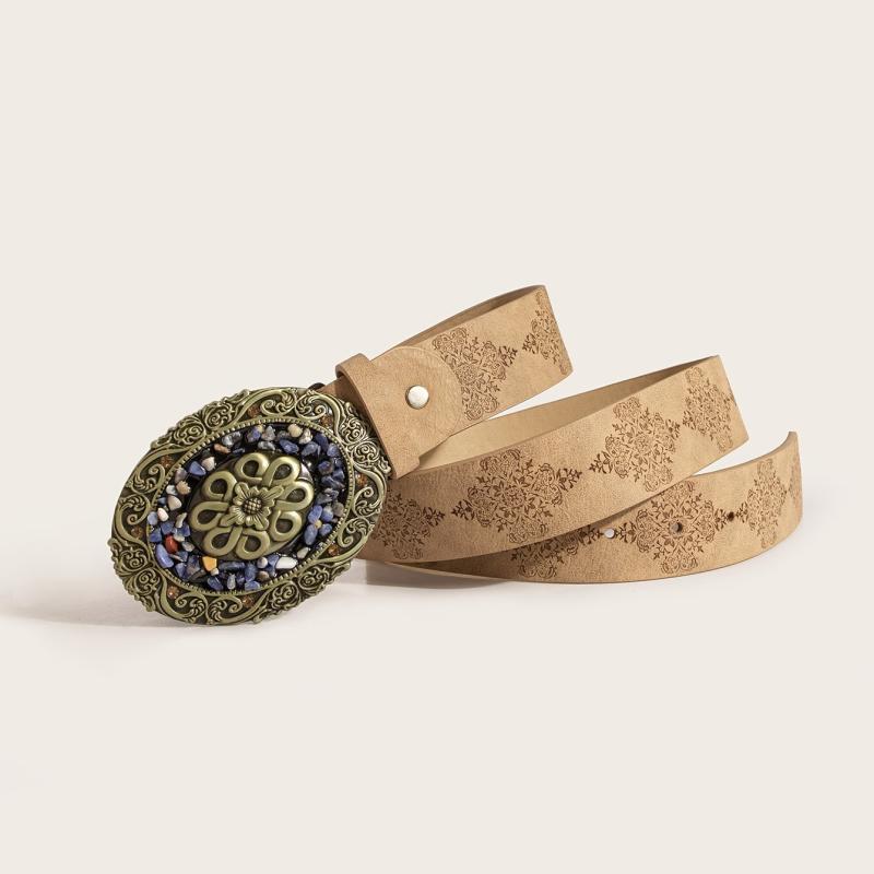 Vintage Turquoise Pattern Round Buckle Embossed Adjustable PU Women's Belt