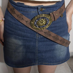 Vintage Turquoise Pattern Round Buckle Embossed Adjustable PU Women's Belt