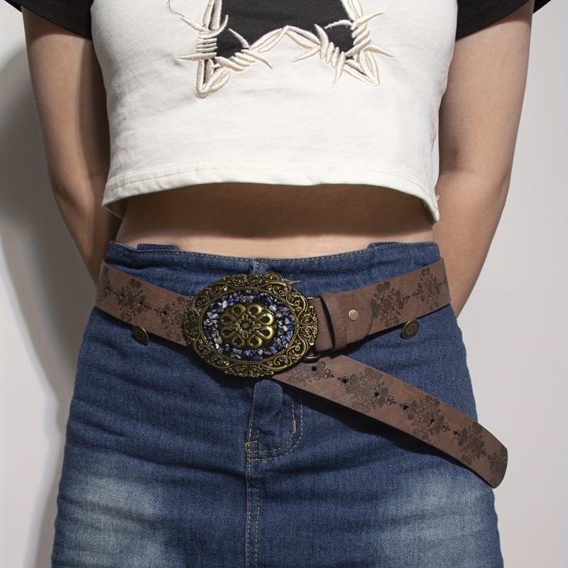 Vintage Turquoise Pattern Round Buckle Embossed Adjustable PU Women's Belt