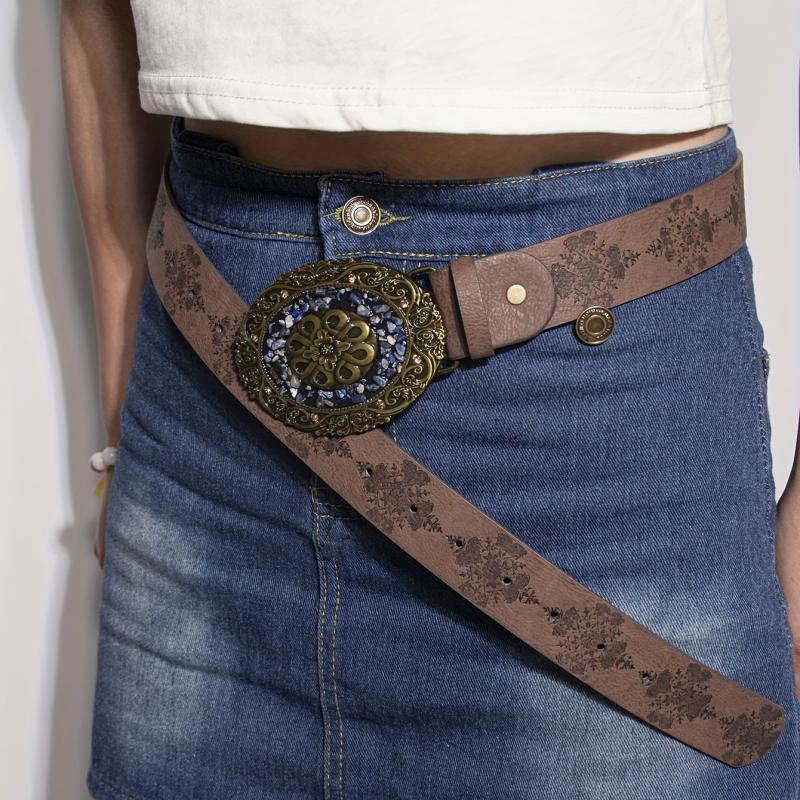Vintage Turquoise Pattern Round Buckle Embossed Adjustable PU Women's Belt