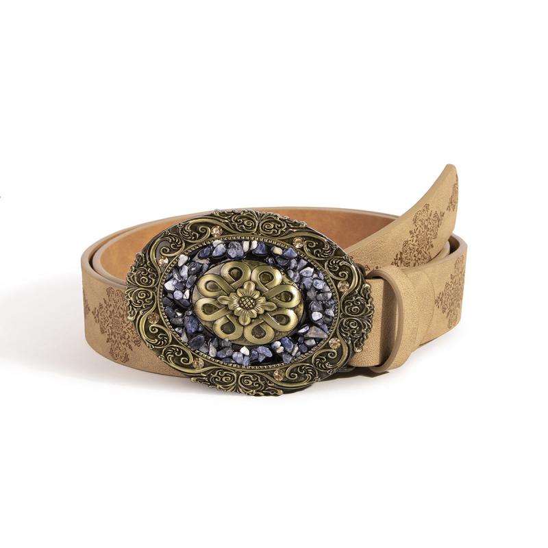 Vintage Turquoise Pattern Round Buckle Embossed Adjustable PU Women's Belt