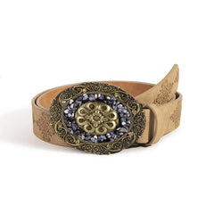 Vintage Turquoise Pattern Round Buckle Embossed Adjustable PU Women's Belt