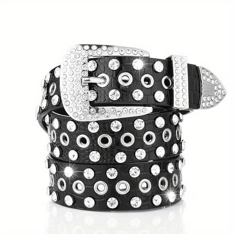 Punk Eyelet PU Belt Leopard Print Rhinestone Inlaid Hip Hop Cowboy Cowgirl Belts