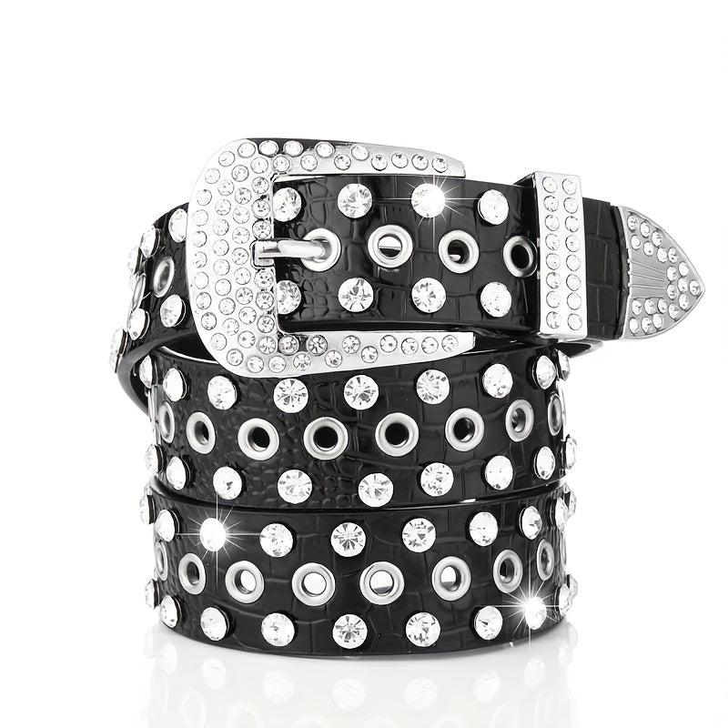 Punk Eyelet PU Belt Leopard Print Rhinestone Inlaid Hip Hop Cowboy Cowgirl Belts