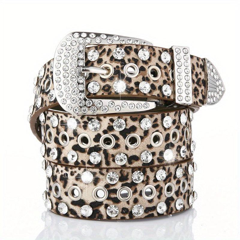 Punk Eyelet PU Belt Leopard Print Rhinestone Inlaid Hip Hop Cowboy Cowgirl Belts