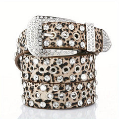 Punk Eyelet PU Belt Leopard Print Rhinestone Inlaid Hip Hop Cowboy Cowgirl Belts