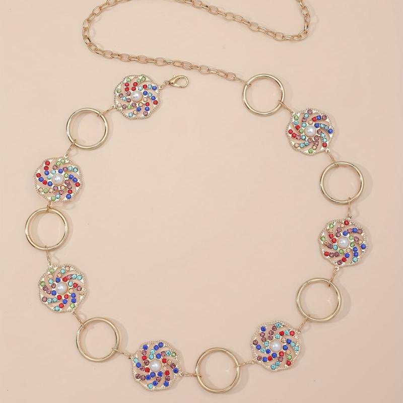 Boho Hollow Out Waist Chain Faux Pearl Rhinestone Decor Belt