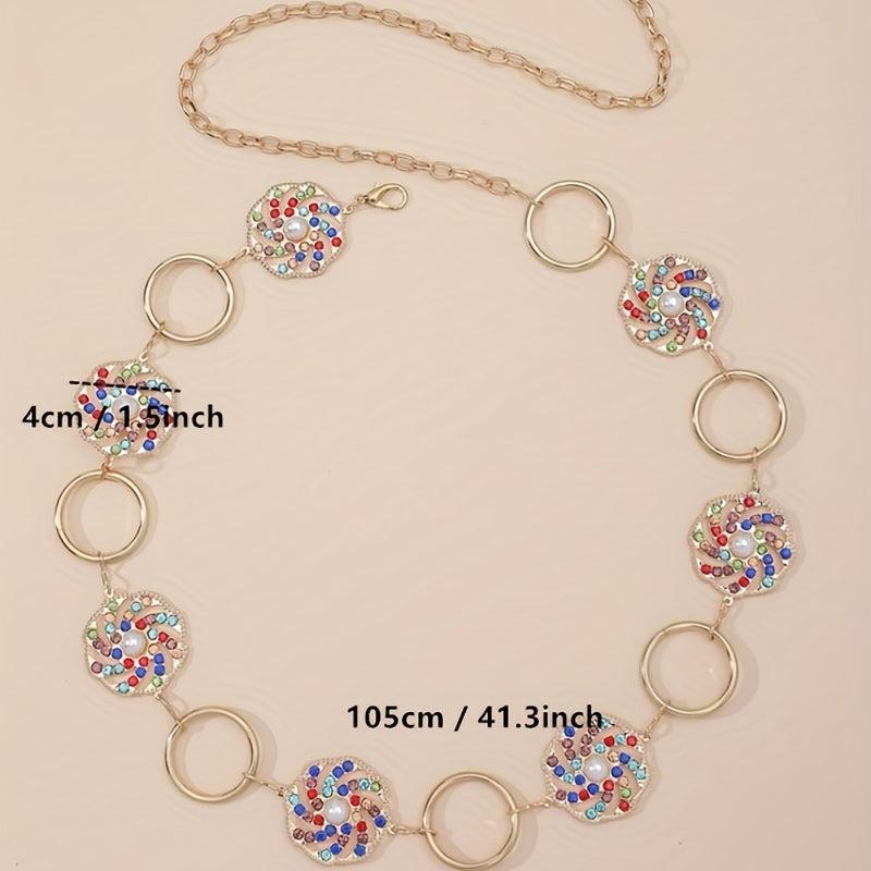 Boho Hollow Out Waist Chain Faux Pearl Rhinestone Decor Belt