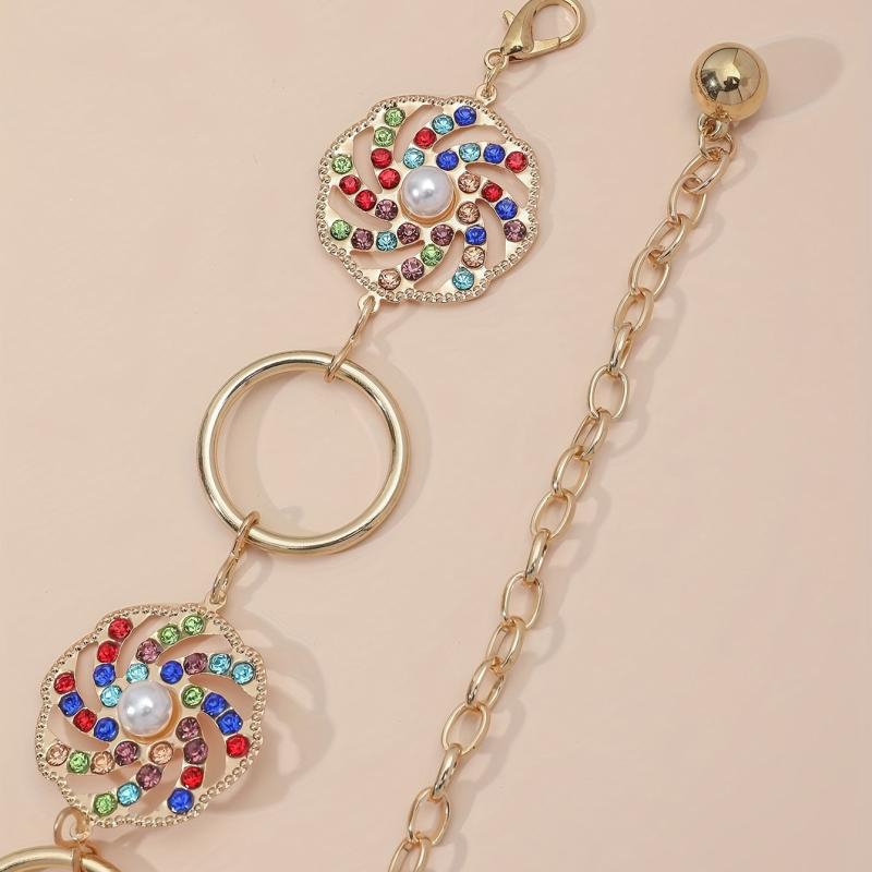 Boho Hollow Out Waist Chain Faux Pearl Rhinestone Decor Belt