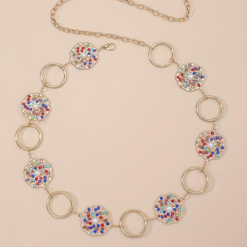 Boho Hollow Out Waist Chain Faux Pearl Rhinestone Decor Belt