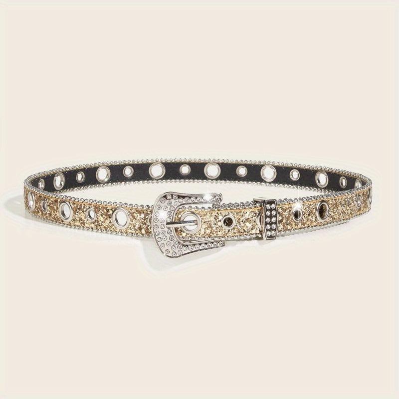 Glitter Rhinestone Belt Eyelet Pin Buckle PU Leather Belt