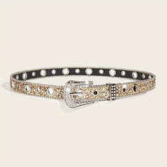 Glitter Rhinestone Belt Eyelet Pin Buckle PU Leather Belt