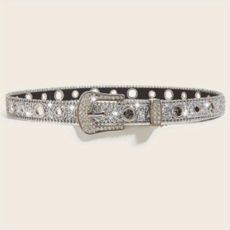Glitter Rhinestone Belt Eyelet Pin Buckle PU Leather Belt