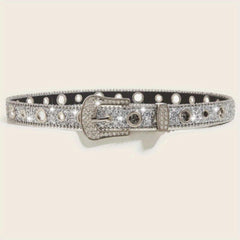 Glitter Rhinestone Belt Eyelet Pin Buckle PU Leather Belt
