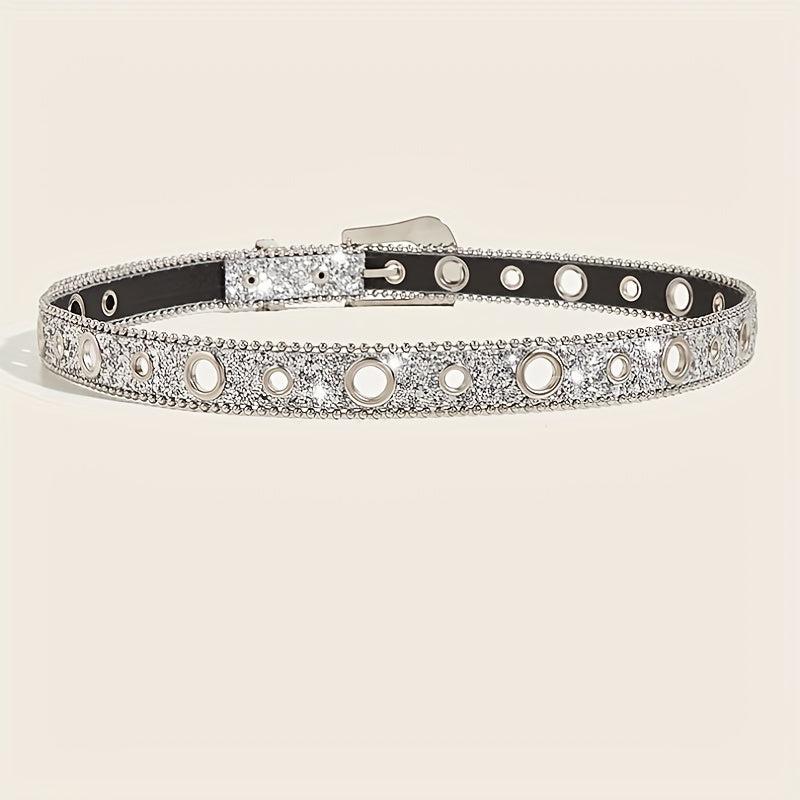 Glitter Rhinestone Belt Eyelet Pin Buckle PU Leather Belt