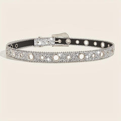 Glitter Rhinestone Belt Eyelet Pin Buckle PU Leather Belt