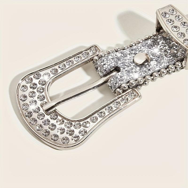 Glitter Rhinestone Belt Eyelet Pin Buckle PU Leather Belt