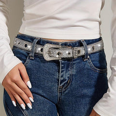 Glitter Rhinestone Belt Eyelet Pin Buckle PU Leather Belt