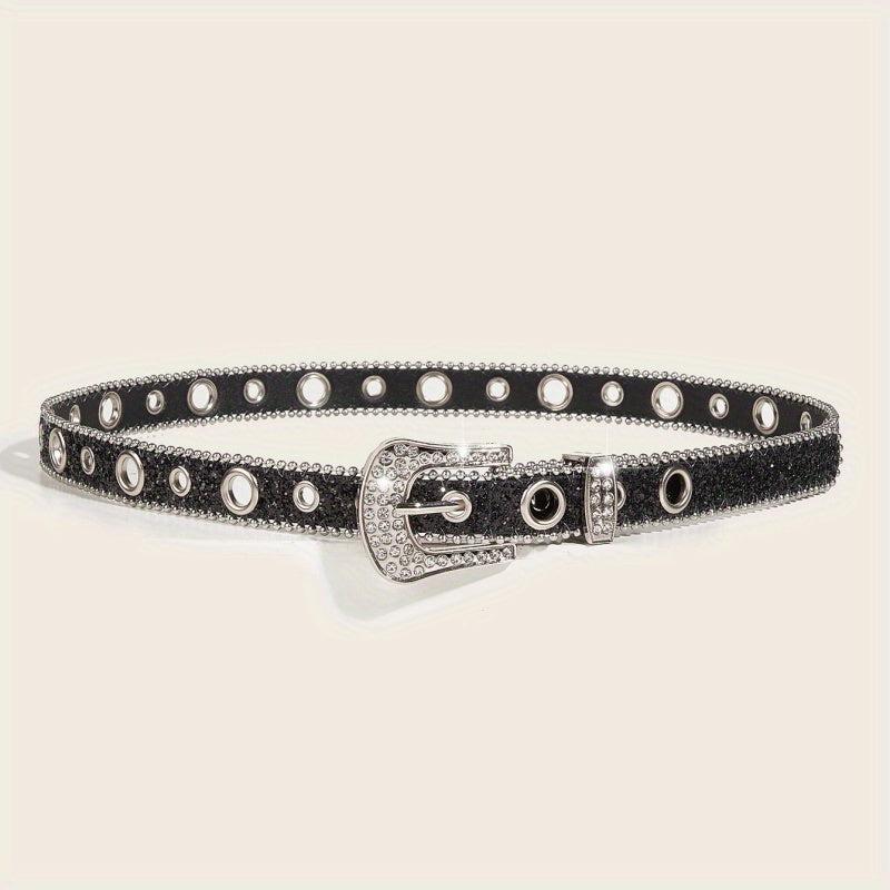 Glitter Rhinestone Belt Eyelet Pin Buckle PU Leather Belt