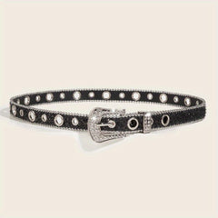 Glitter Rhinestone Belt Eyelet Pin Buckle PU Leather Belt