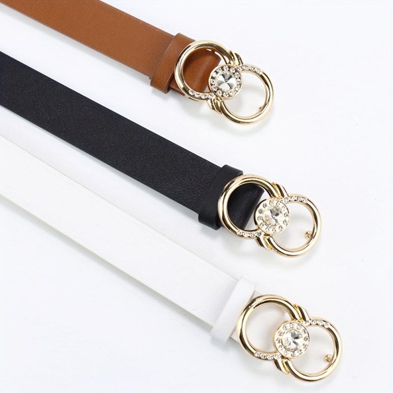 Rhinestone Double Ring Buckle Belt Stylish PU Leather Belt For Women