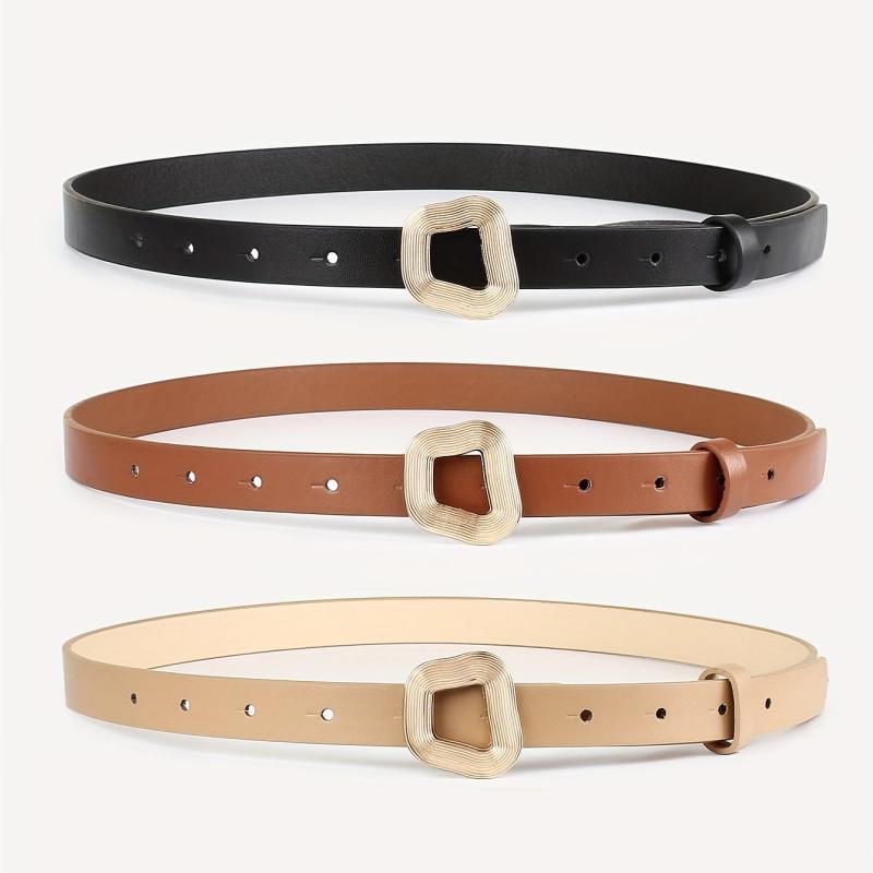 Geometric Thread Buckle Belt 3pcs Set Solid PU Leather Waist Belt