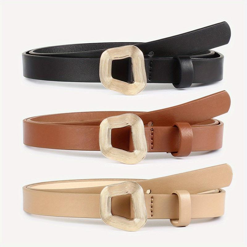 Geometric Thread Buckle Belt 3pcs Set Solid PU Leather Waist Belt