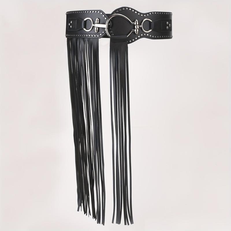  Punk Tassel Skirt PU Belt Rivet Decor Wide Waistband Fringe Girdle