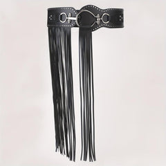  Punk Tassel Skirt PU Belt Rivet Decor Wide Waistband Fringe Girdle