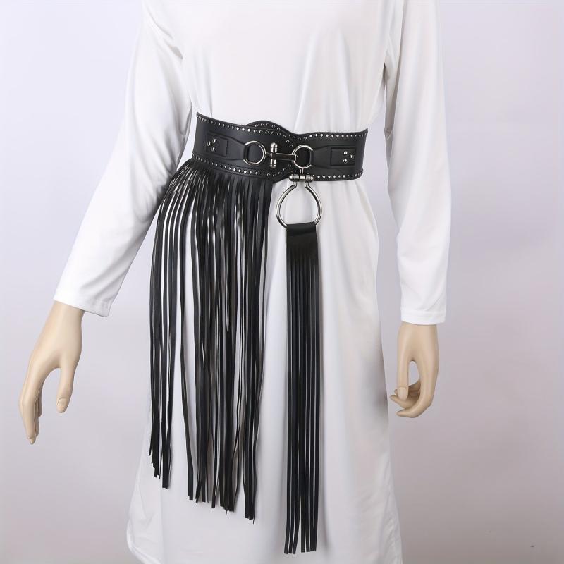  Punk Tassel Skirt PU Belt Rivet Decor Wide Waistband Fringe Girdle