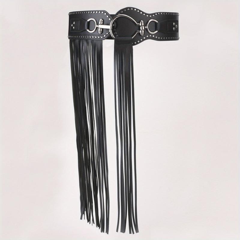  Punk Tassel Skirt PU Belt Rivet Decor Wide Waistband Fringe Girdle