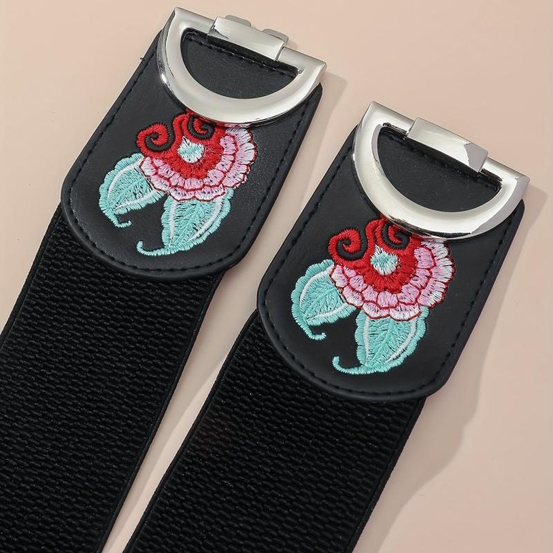 Vintage Flower Embroidery Belt Elastic Wide Waistband Dress Girdle