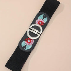 Vintage Flower Embroidery Belt Elastic Wide Waistband Dress Girdle